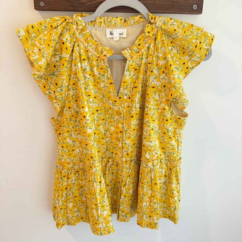 &Merci Yellow Floral Flutter Sleeve‎ Blouse Medium